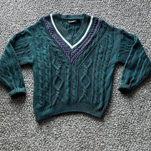 Vintage New River Cable Knit Green Sweater Men XL V-neck Gorpcore Fisherman